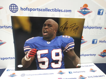 LONDON FLETCHER BUFFALO BILLS SIGNED 11X14 PHOTO WEARING THROWBACK JERSEY BLUE AUTO JSA COA!