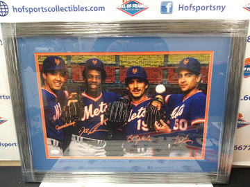 NY METS 1986 SIGNED PTICHING STAFF GOODEN, DARLING, FERNANDEZ, OJEDA 11X17 PHOTO