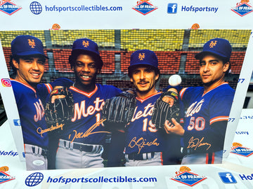 NY METS 1986 SIGNED PTICHING STAFF GOODEN, DARLING, FERNANDEZ, OJEDA 11X17 PHOTO