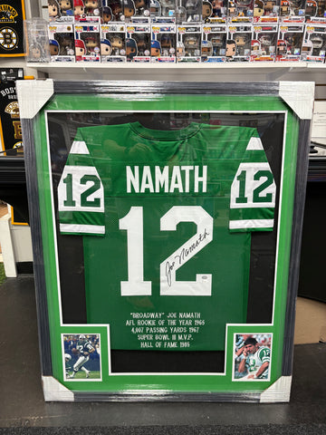 JOE NAMATH SIGNED FRAMED NY JETS GREEN CUSTOM STAT JERSEY - JSA / NAMATH HOLOGRAM