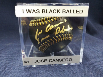 JOSE CANSECO SIGNED BLACK BASEBALL - I WAS BLACK BALLED INSC.