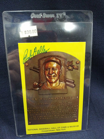 BOB FELLER SIGNED HALL OF FAME INDIANS PLAQUE CARD - JSA COA