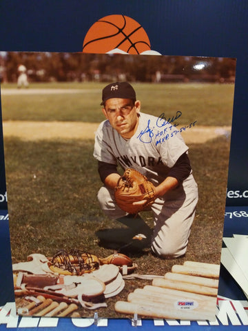 YOGI BERRA YANKEES SIGNED 8X10 INSC HOF 72 & MVP 51 - 54 - 55 PSA