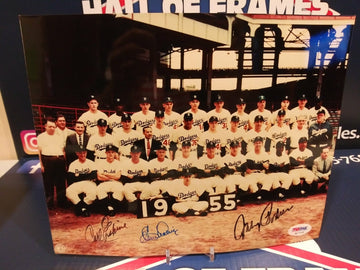 JOHNNY PODRES / CARL ERSKINE EDDIE STANKY 1955 DODGERS SIGNED 8X10 - PSA