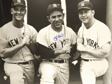 YOGI BERRA SIGNED YANKEES 16X20 PHOTO W/ MANTLE & MARIS PSA STICKER COA