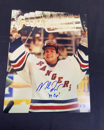 MIKE RICHTER SIGNED RANGERS STANLEY CUP 11X14 INSC. 94 CHAMPS- BECKETT