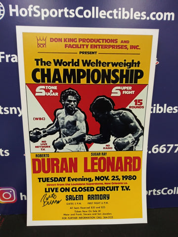 ROBERTO DURAN SIGNED 11X17 BOXING FIGHT REPRINTED POSTER - SUGAR RAY LEONARD - HOF COA