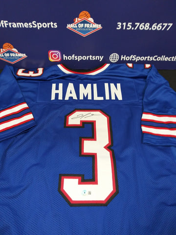 DAMAR HAMLIN SIGNED BUFFALO BILLS BUSTOM BLUE JERSERY XL BAS COA