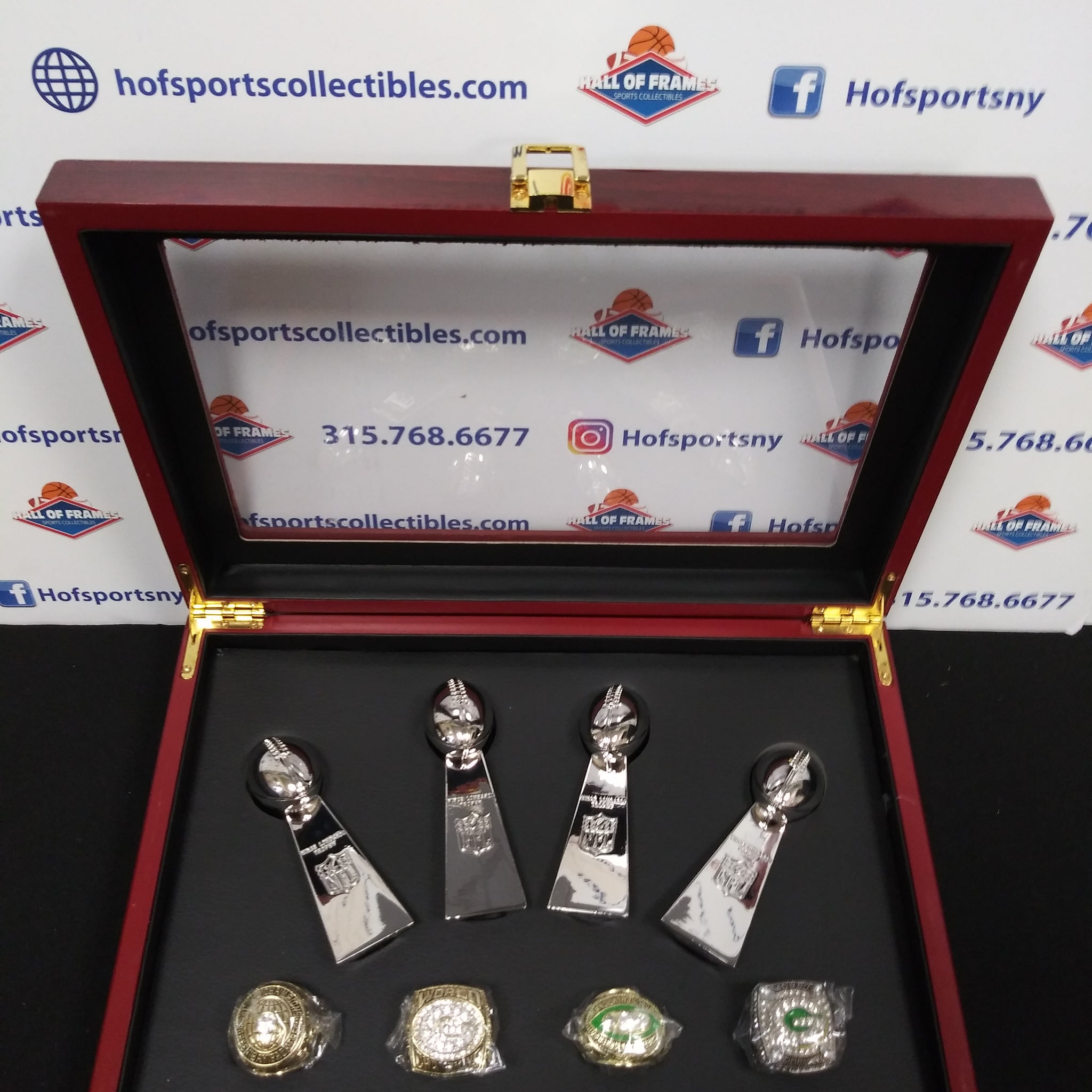 GREEN BAY PACKERS 4 CHAMPIONSHIP RING SET WITH TROPHIES AND BOX!