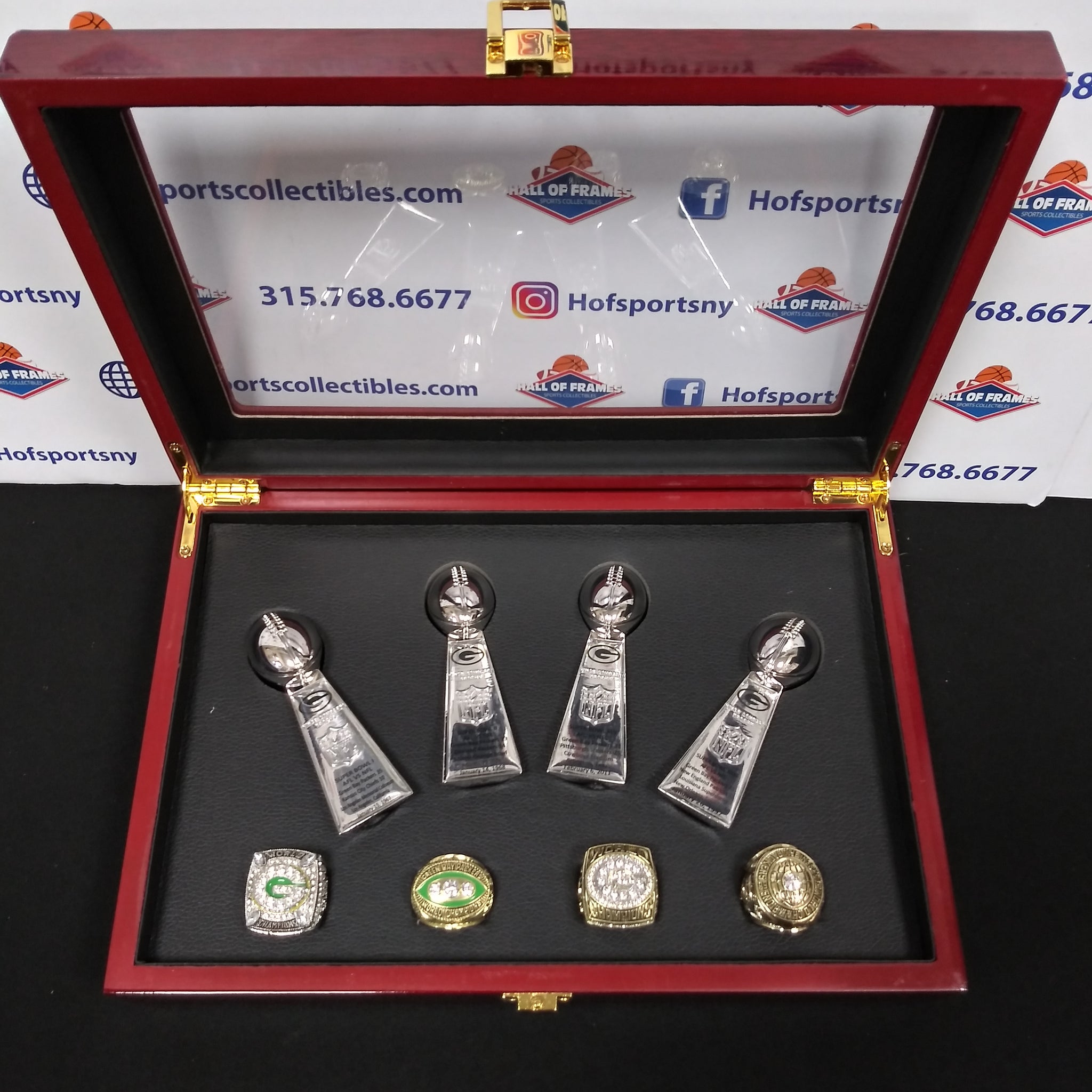 GREEN BAY PACKERS 4 CHAMPIONSHIP RING SET WITH TROPHIES AND BOX!