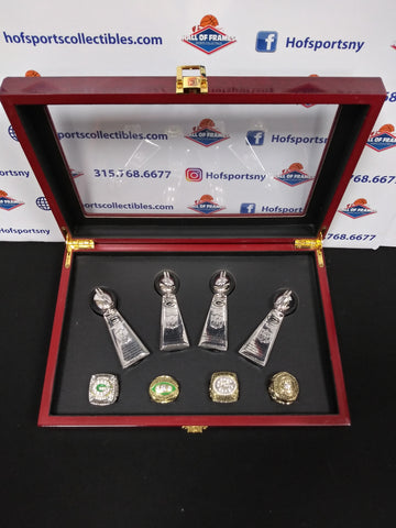 GREEN BAY PACKERS 4 CHAMPIONSHIP RING SET WITH TROPHIES AND BOX!