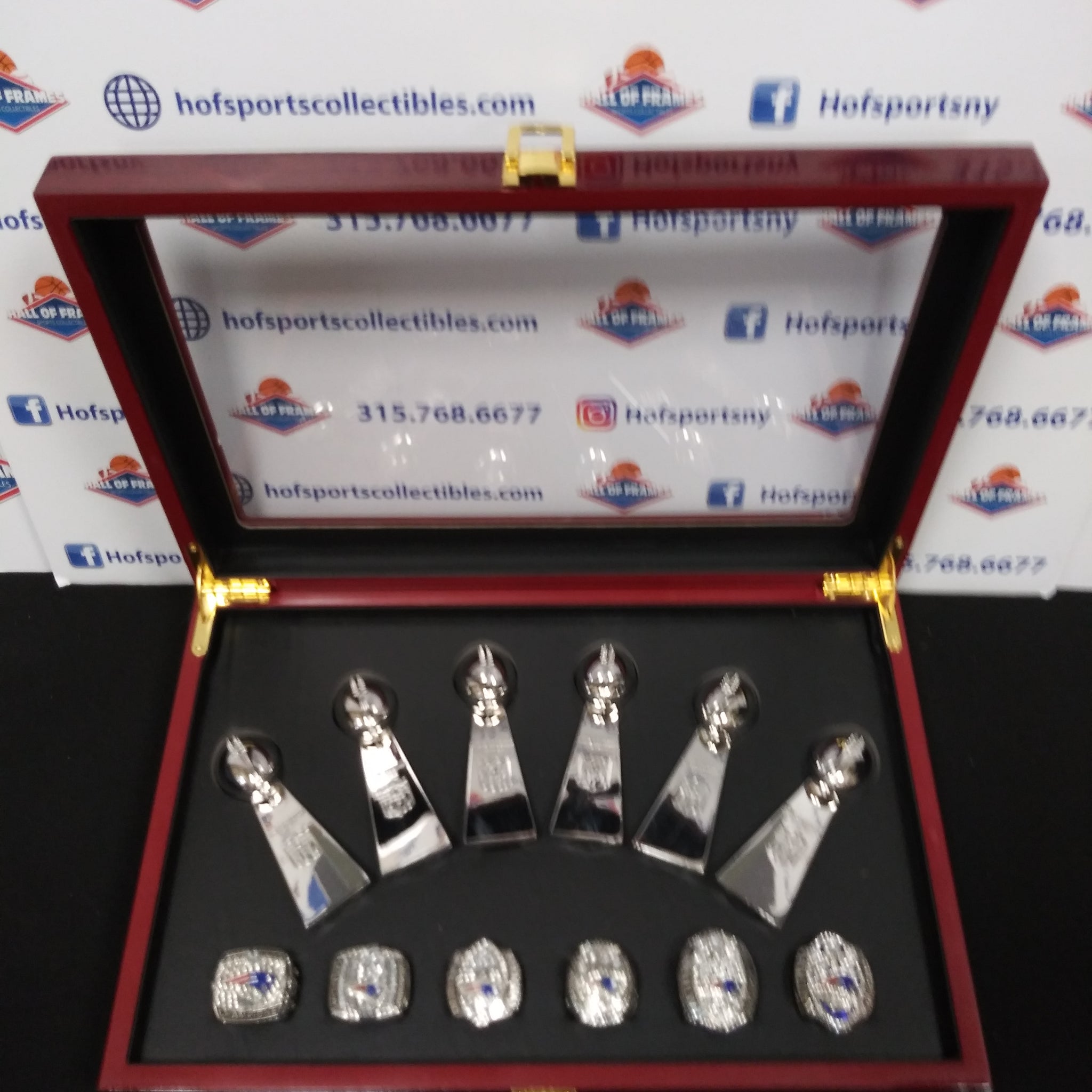 NEW ENGLAND PATRIOTS 6 CHAMPIONSHIP RING SET WITH TROPHIES AND BOX!