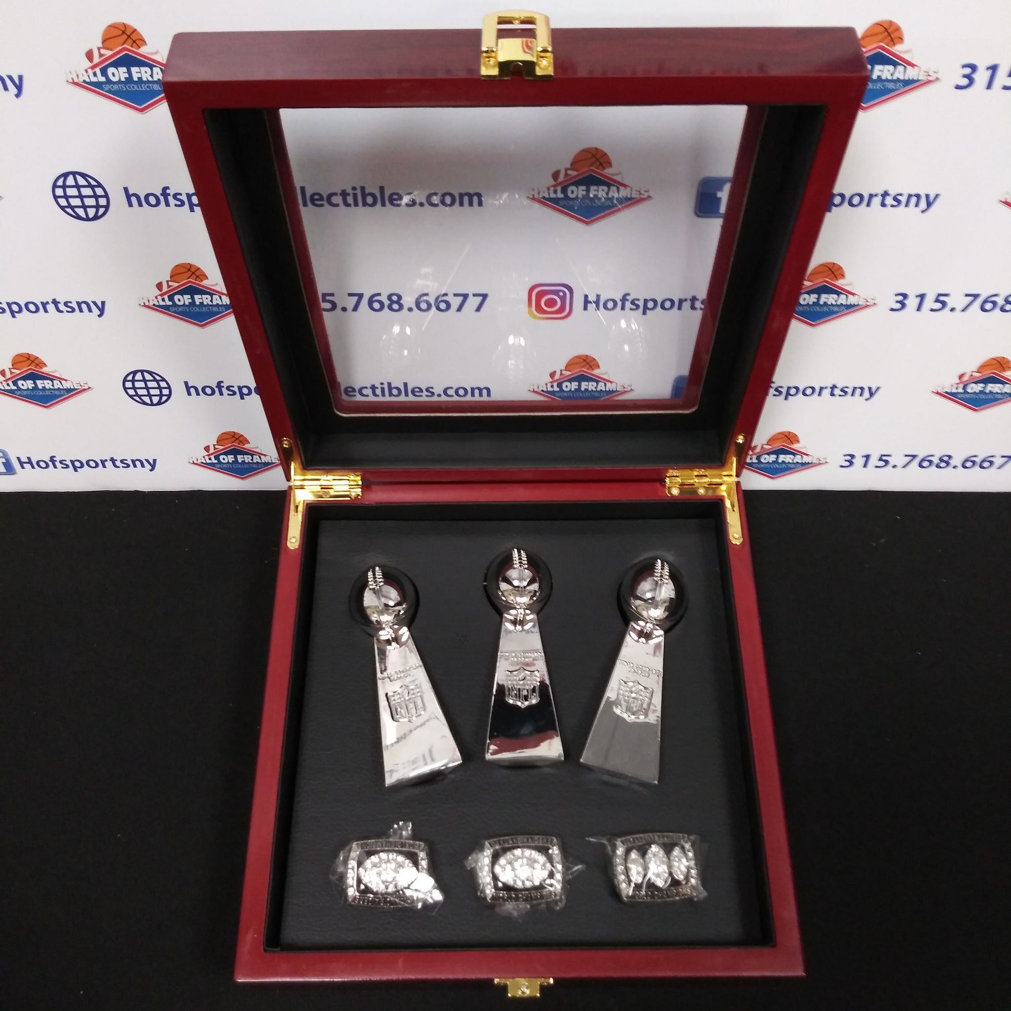 OAKLAND RAIDERS 3 CHAMPIONSHIP RINGS  AND TROPHIES SET WITH BOX!