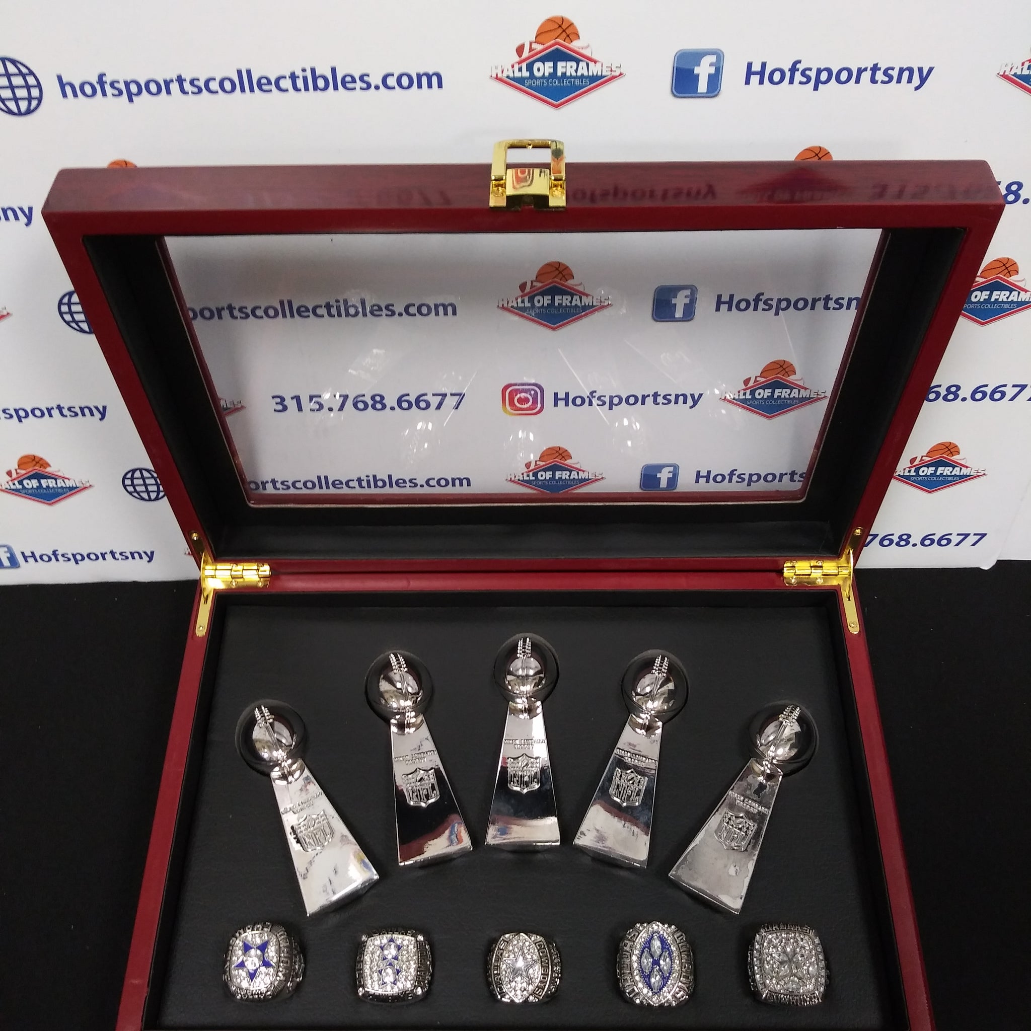 DALLAS COWBOYS 5 CHAMPIONSHIP RING SET WITH TROPHIES AND BOX!