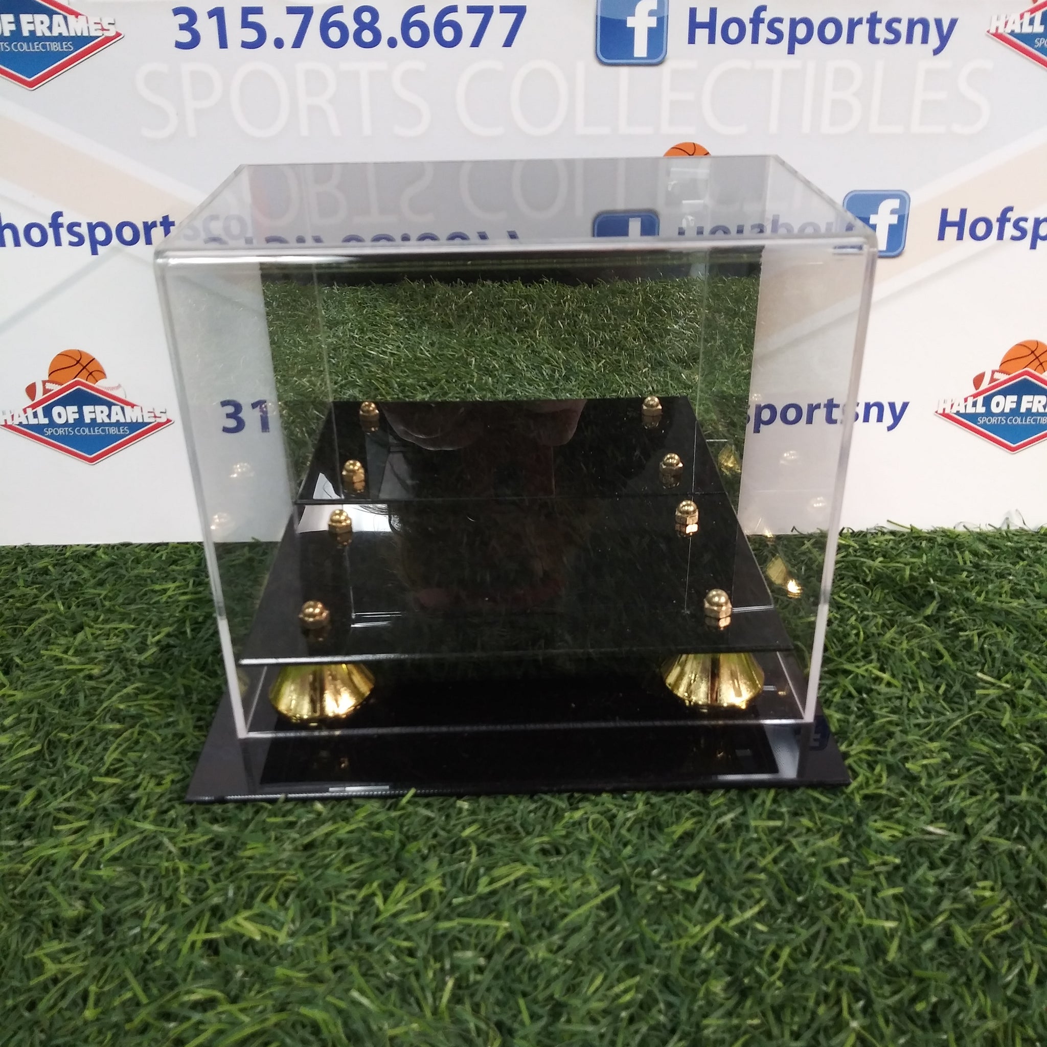 COLLECT SAVE PROTECT MINI HELMET DISPLAY CASE WITH MIRRORED BACK/ BLACK ACRYLIC BOTTOM!