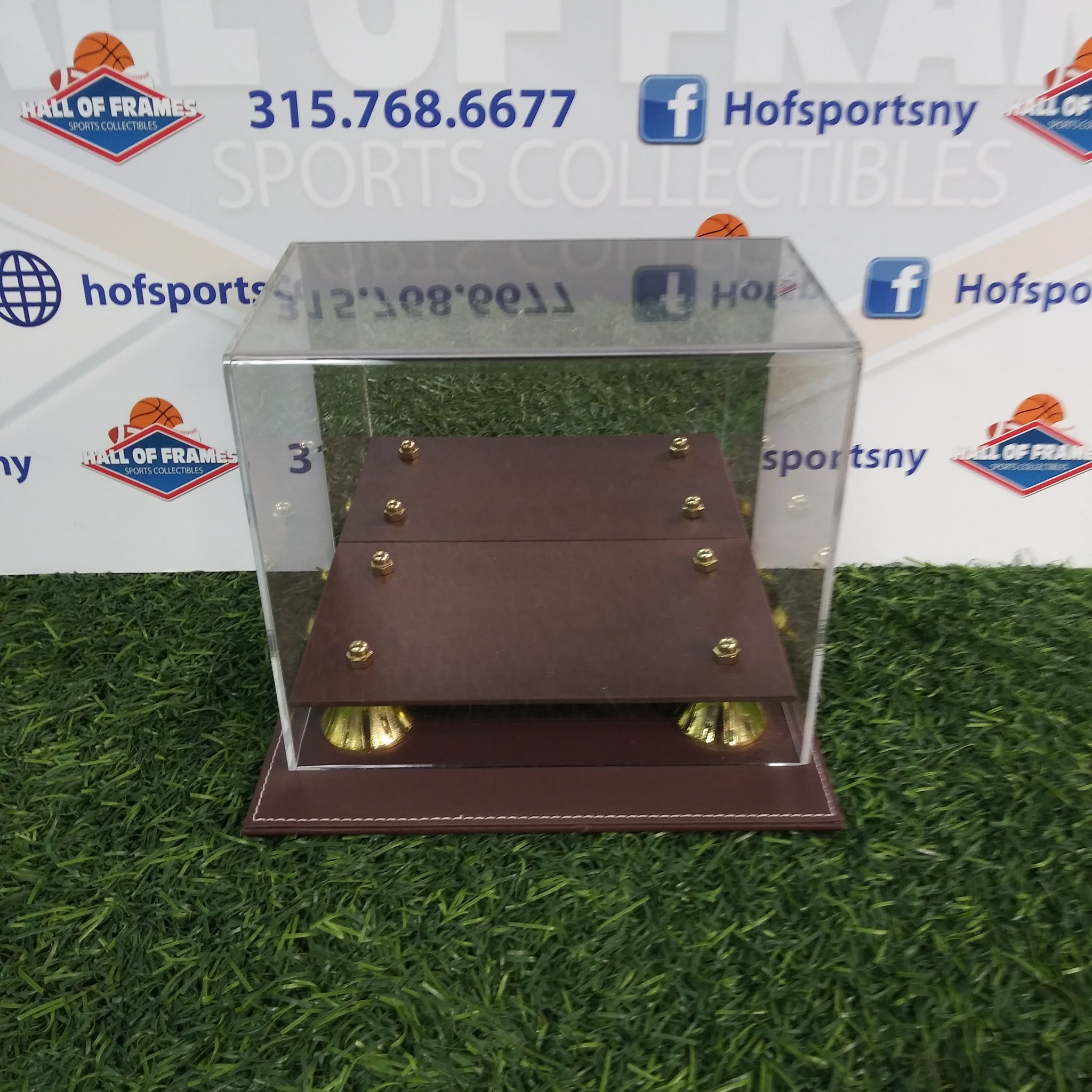 COLLECT SAVE PROTECT MINI HELMET DISPLAY CASE WITH MIRRORED BACK/ LEATHER BOTTOM!