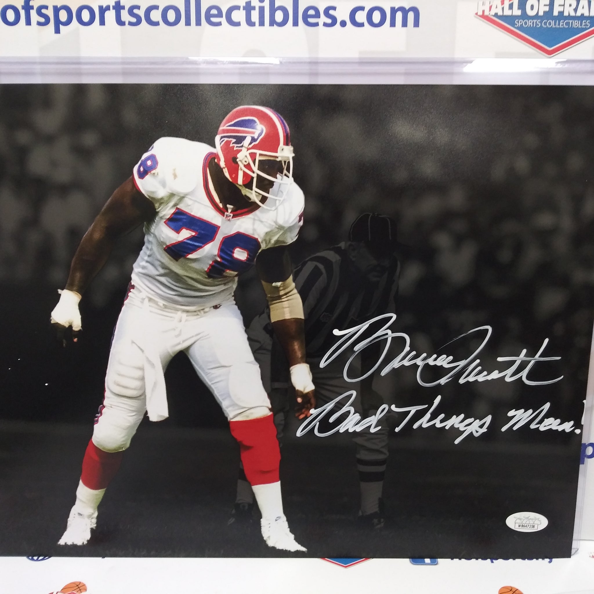 BRUCE SMITH SIGNED BUFFALO BILLS 11X14 INSC "BAD THINGS MAN" JSA COA