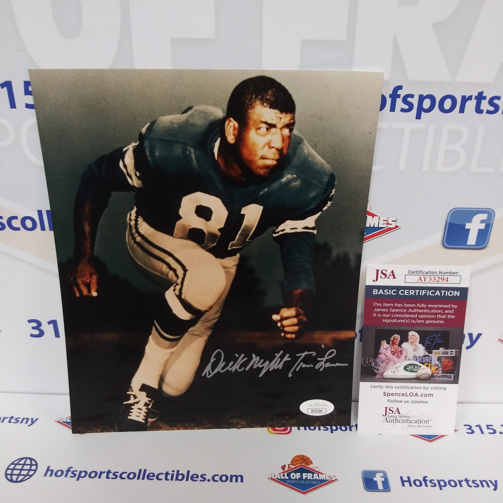 DICK NIGHT TRAIN LANE SIGNED LIONS 8X10 PHOTO - JSA COA