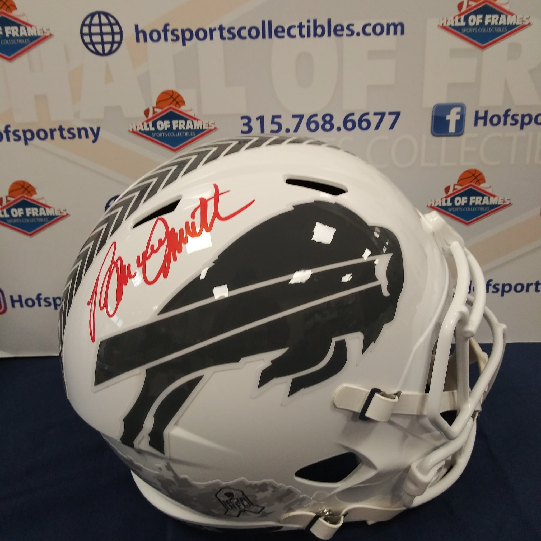 BRUCE SMITH SIGNED FULL SIZE STS WHITE REP BILLS HELMET