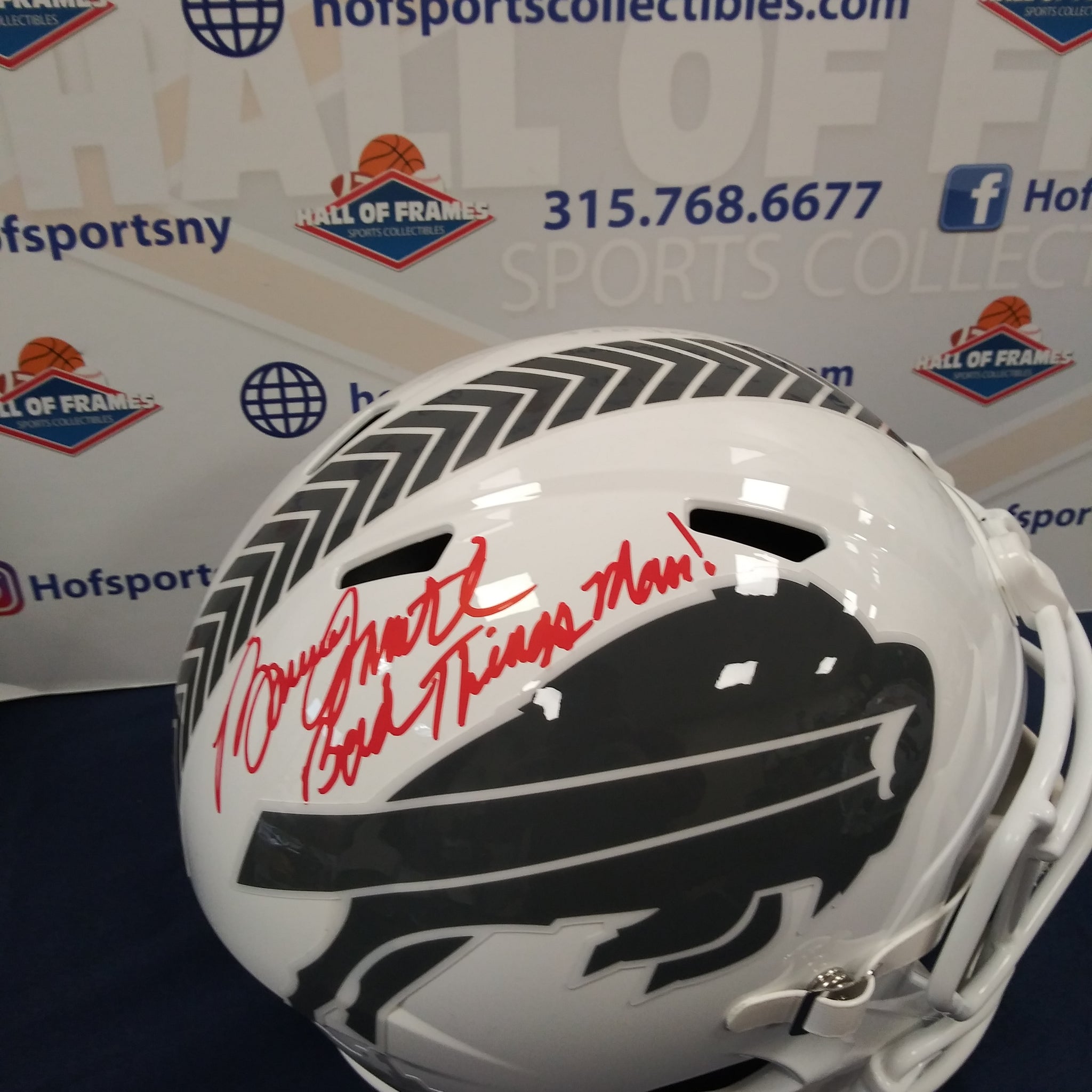 BRUCE SMITH SIGNED FULL SIZE STS WHITE REP BILLS HELMET INSC "BAD THINGS MAN"