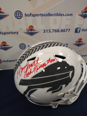 BRUCE SMITH SIGNED FULL SIZE STS WHITE REP BILLS HELMET INSC 