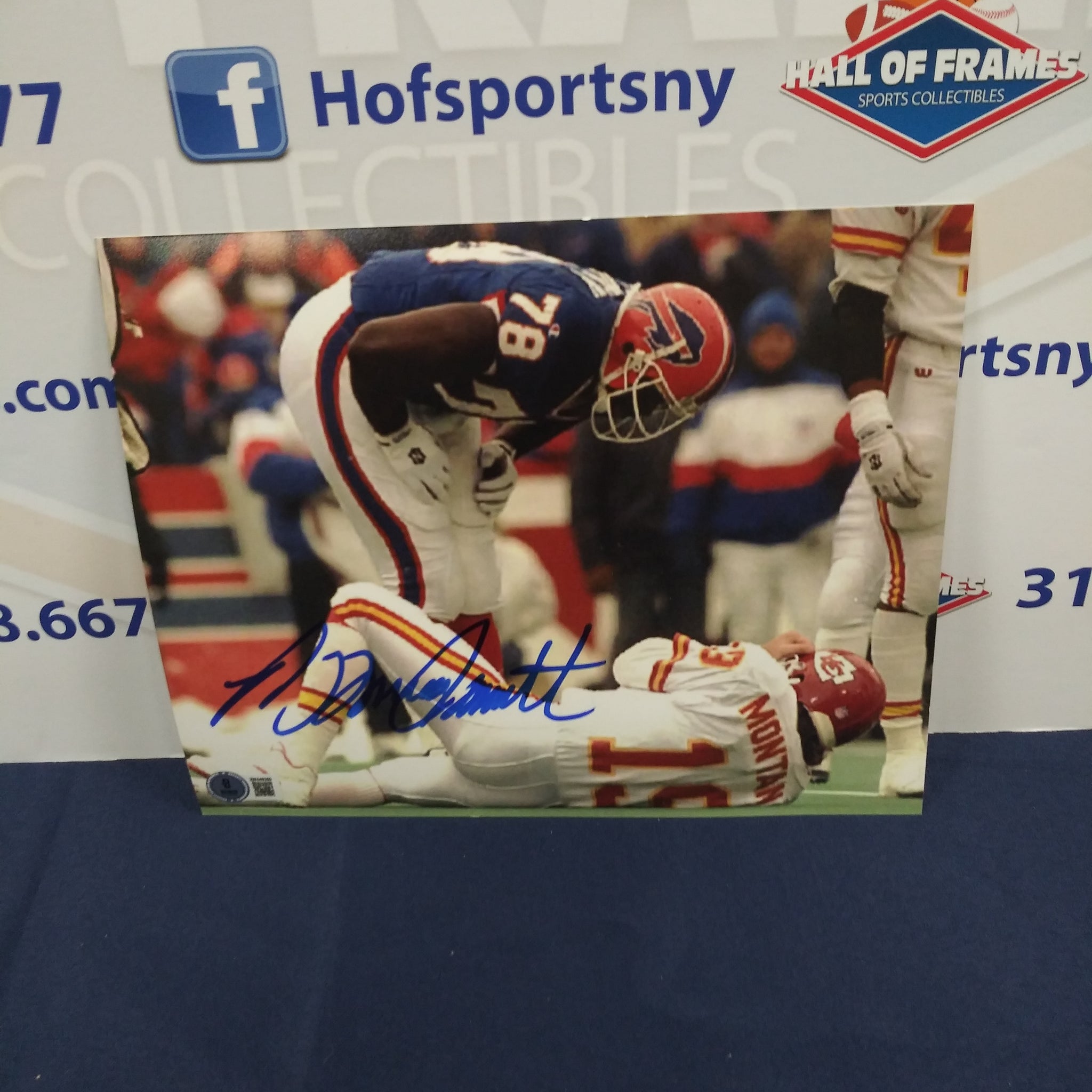 BRUCE SMITH SIGNED BILLS 8X10 AFC CHAMPIONSHIP SACKING MONTANE BECKETT COA