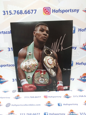 MIKE TYSON SIGNED CHAMPIONSHIP BELTS 11X14 PHOTO - FITERMAN COA