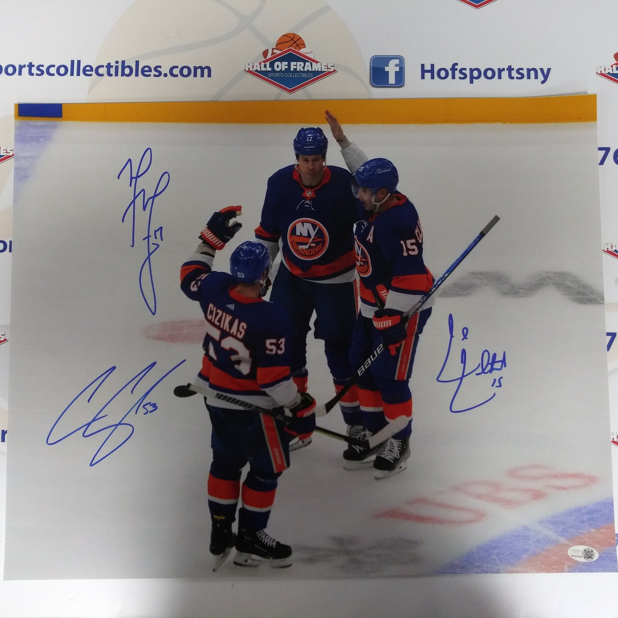 CASEY CIZIKAS MATT MARTIN CAL CLUTTERBUCK NEW YORK ISLANDERS "IDENTITY LINE" TRIPLE AUTOGRAPHED 16X20 JSA COA