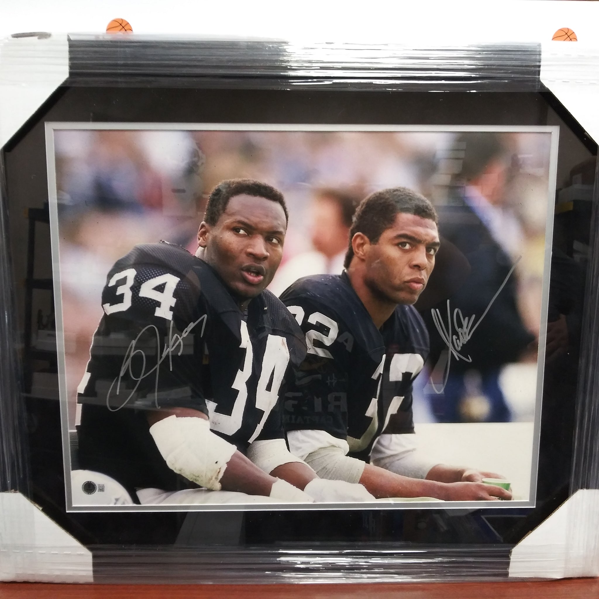 BO JACKSON & MARCUS ALLEN FRAMED RAIDERS DUAL SIGNED 16X20! BAS AUTHENTIC!