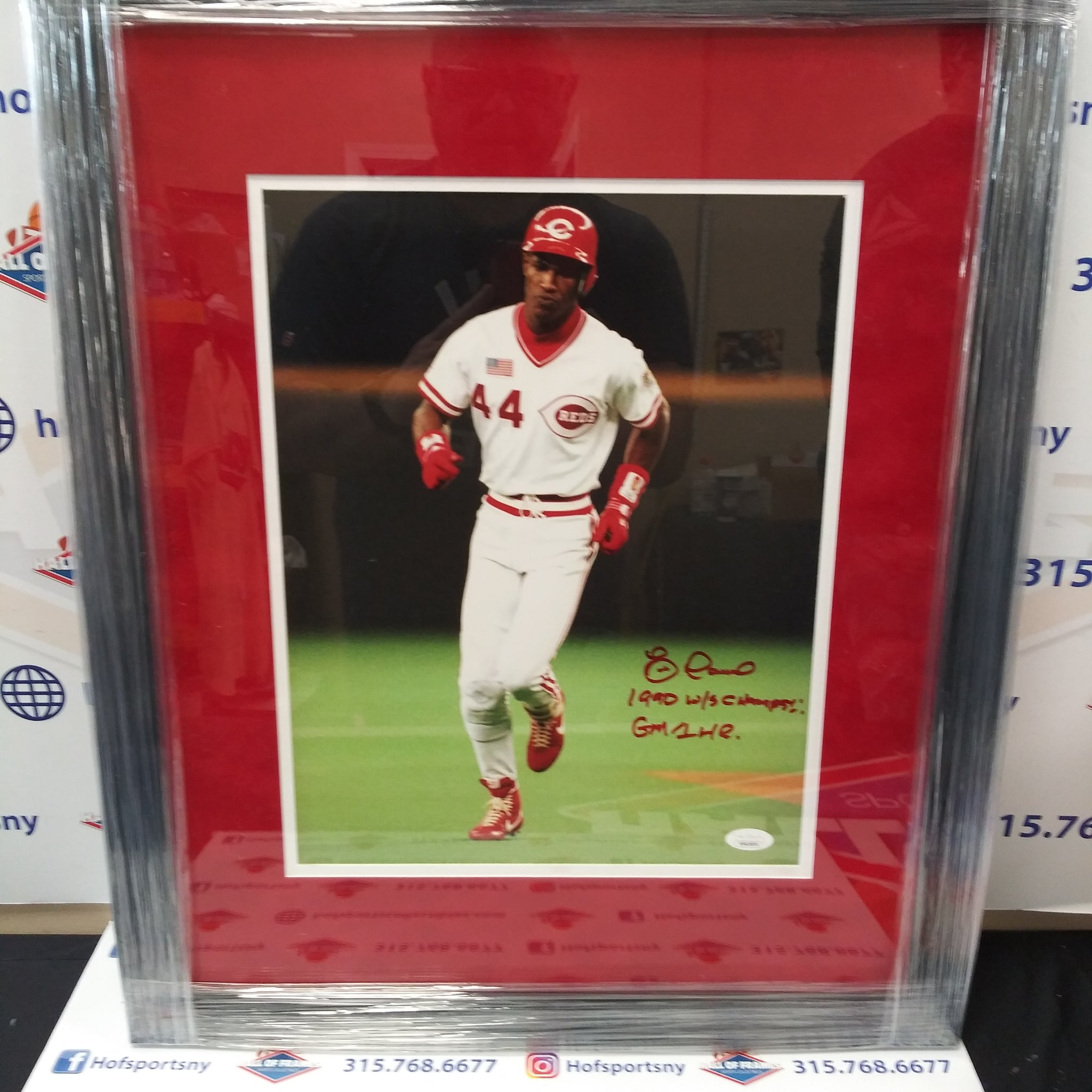 ERIC DAVIS SIGNED FRAMED 11X17 1990 W.S. PHOTO INSC GAME 1 HR / WS CHAMPS JSA COA