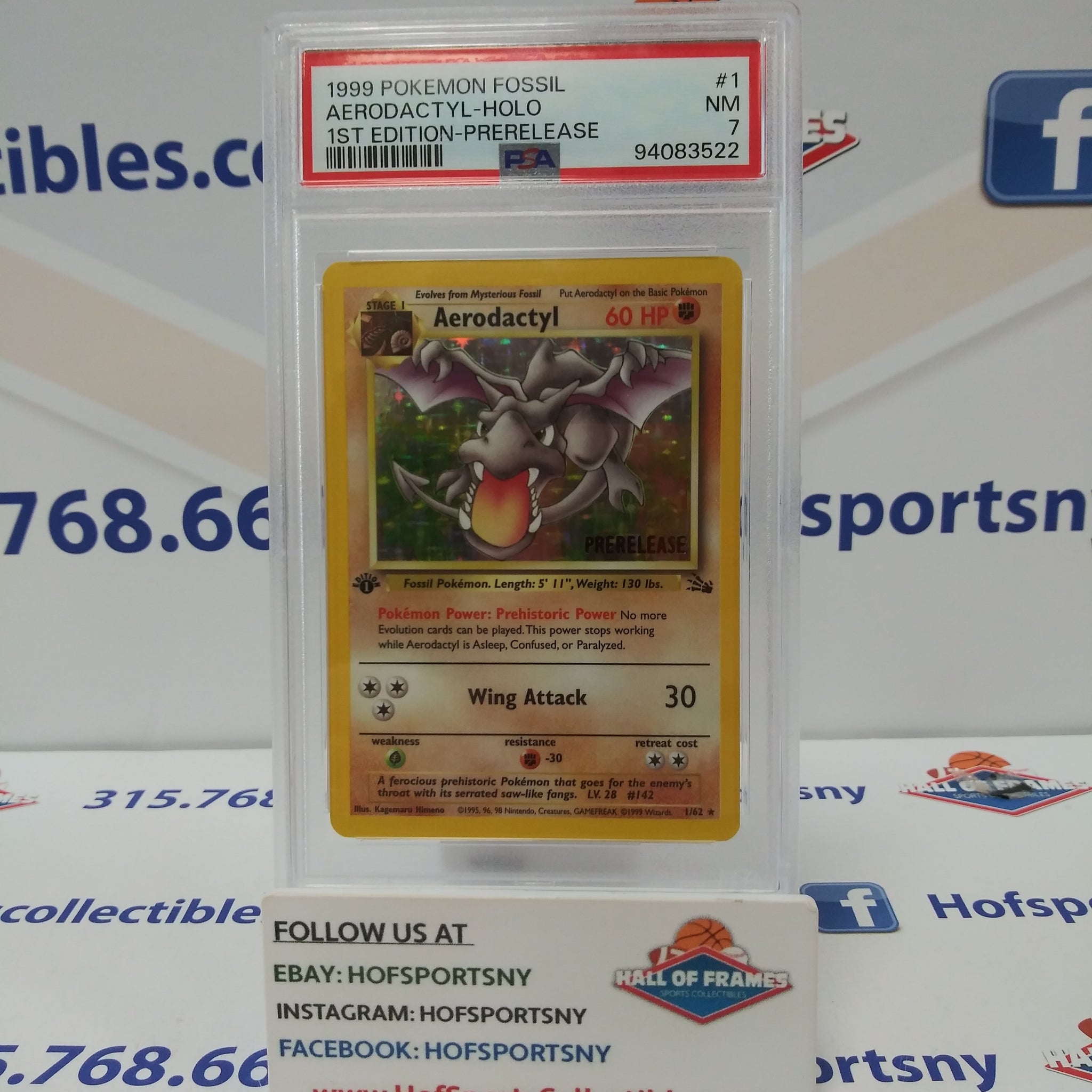 1999 POKEMON FOSSIL AERODACTYL HOLO 1ST EDITION PRERELEASE #1 PSA 7!
