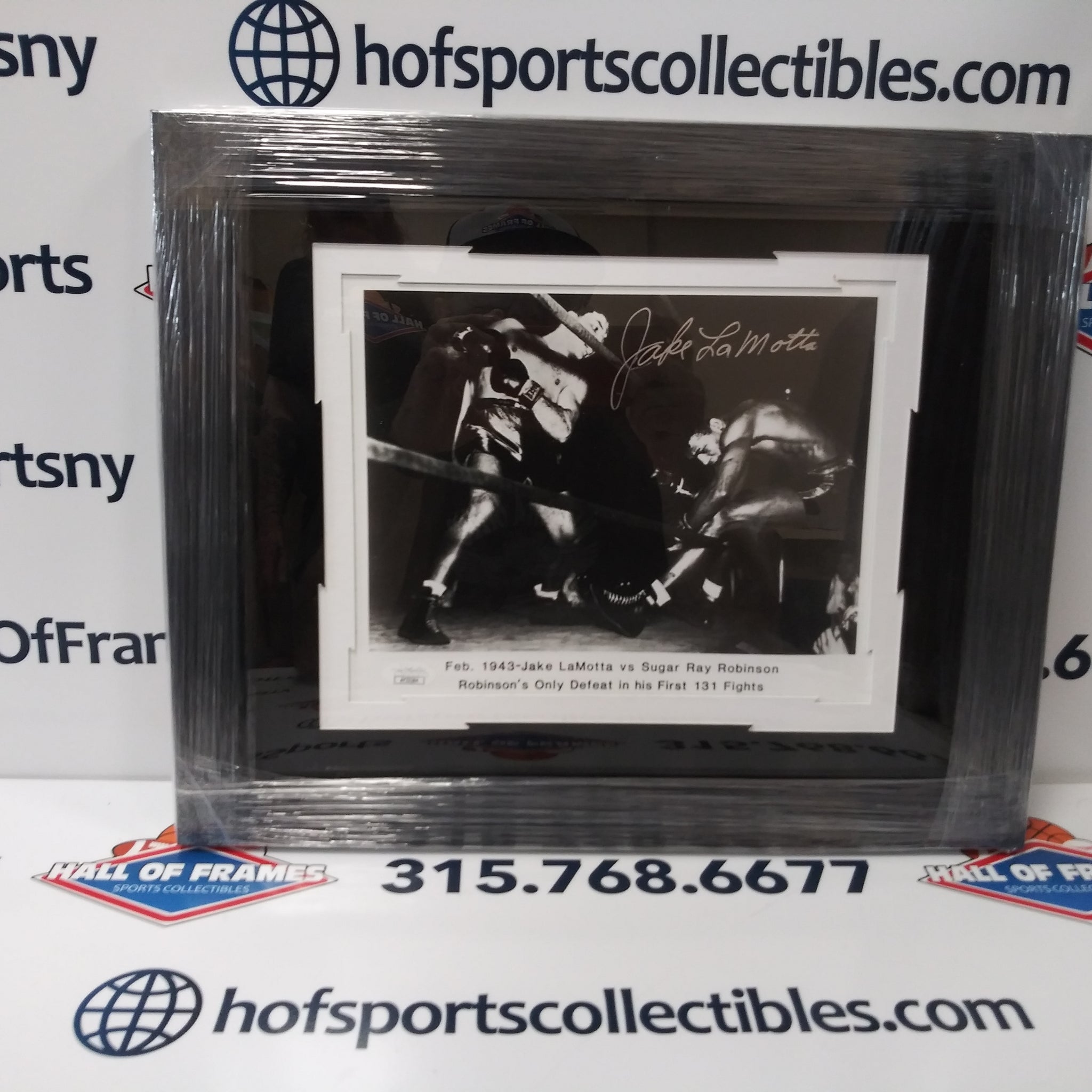 JAKE LAMOTTA SIGNED KNOCKOUT SUGAR RAY ROBINSON FRAMED 8X10 PHOTO - JSA COA