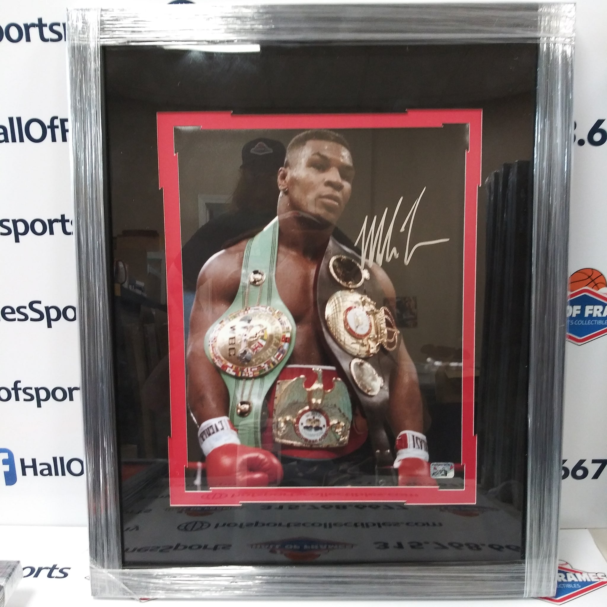 MIKE TYSON SIGNED CHAMPIONSHIP BELTS FRAMED 11X14 PHOTO - FITERMAN COA