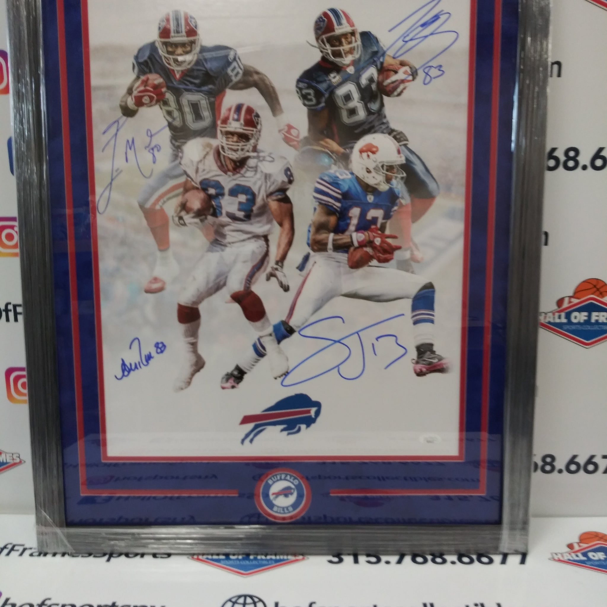 ANDRE REED - JOHNSON - MOULDS - EVANS SIGNED BILLS FRAMED 16X10 PHOTO - JSA COA