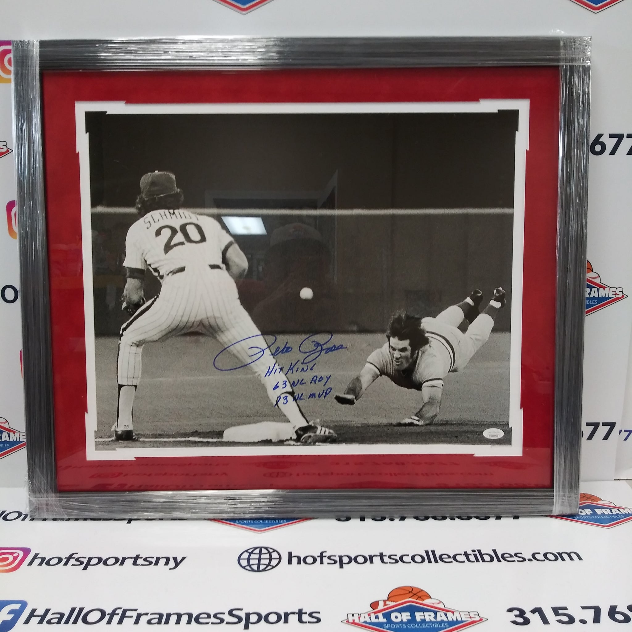 PETE ROSE SIGNED REDS FRAMED 16X20 DIVING PHOTO 3 INSCRIPTIONS- JSA COA