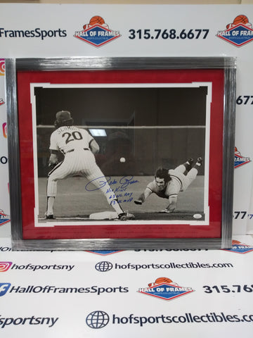 PETE ROSE SIGNED REDS FRAMED 16X20 DIVING PHOTO 3 INSCRIPTIONS- JSA COA