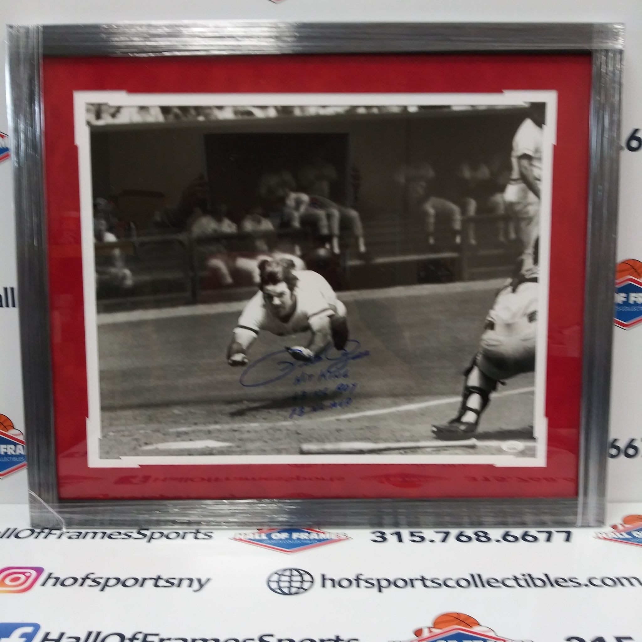 PETE ROSE SIGNED REDS FRAMED 16X20 DIVING PHOTO 3 INSCRIPTIONS- JSA COA