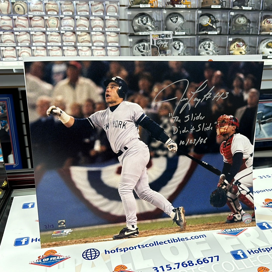 JIM LEYRITZ SIGNED 16X20 1996 WS PHOTO - INSC "THE SLIDER DIDN'T SLIDE" - LTD TO 13