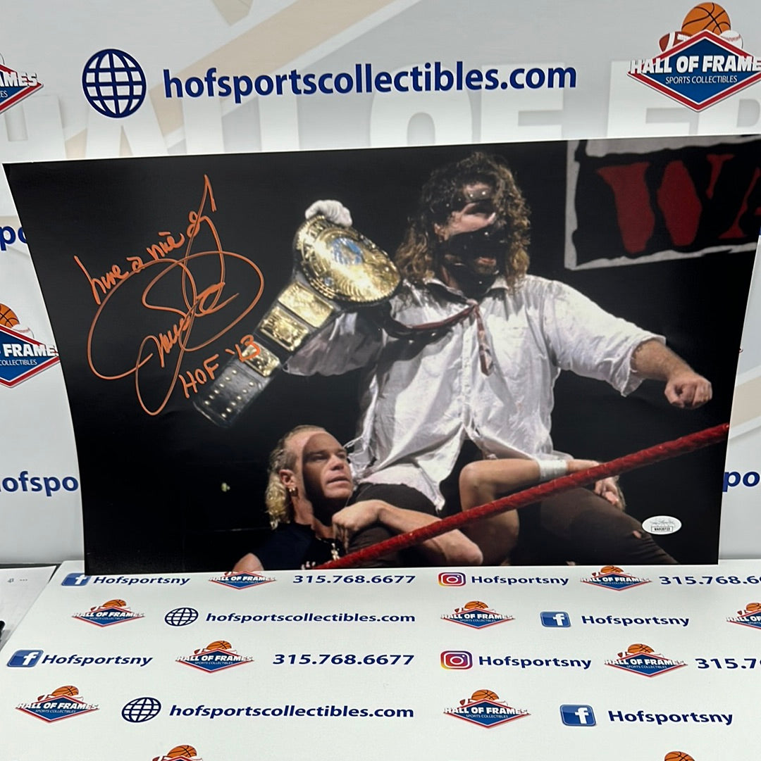 MICK FOLEY - MANKIND SIGNED 11X17 DUAL INSCRIPTION 3X WWE CHAMPION JSA COA