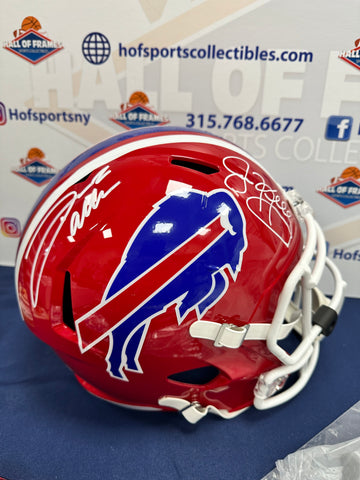 JOSH ALLEN / JIM KELLY SIGNED F/S REPLICA RED THROWBACK SPEED BILLS HELMET BECKETT