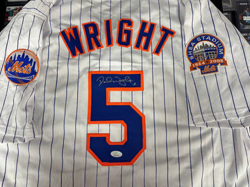 DAVID WRIGHT NY METS SIGNED CUSTOM PINSTRIPE JERSEY! SHEA STADIUM PATCH! JSA COA!