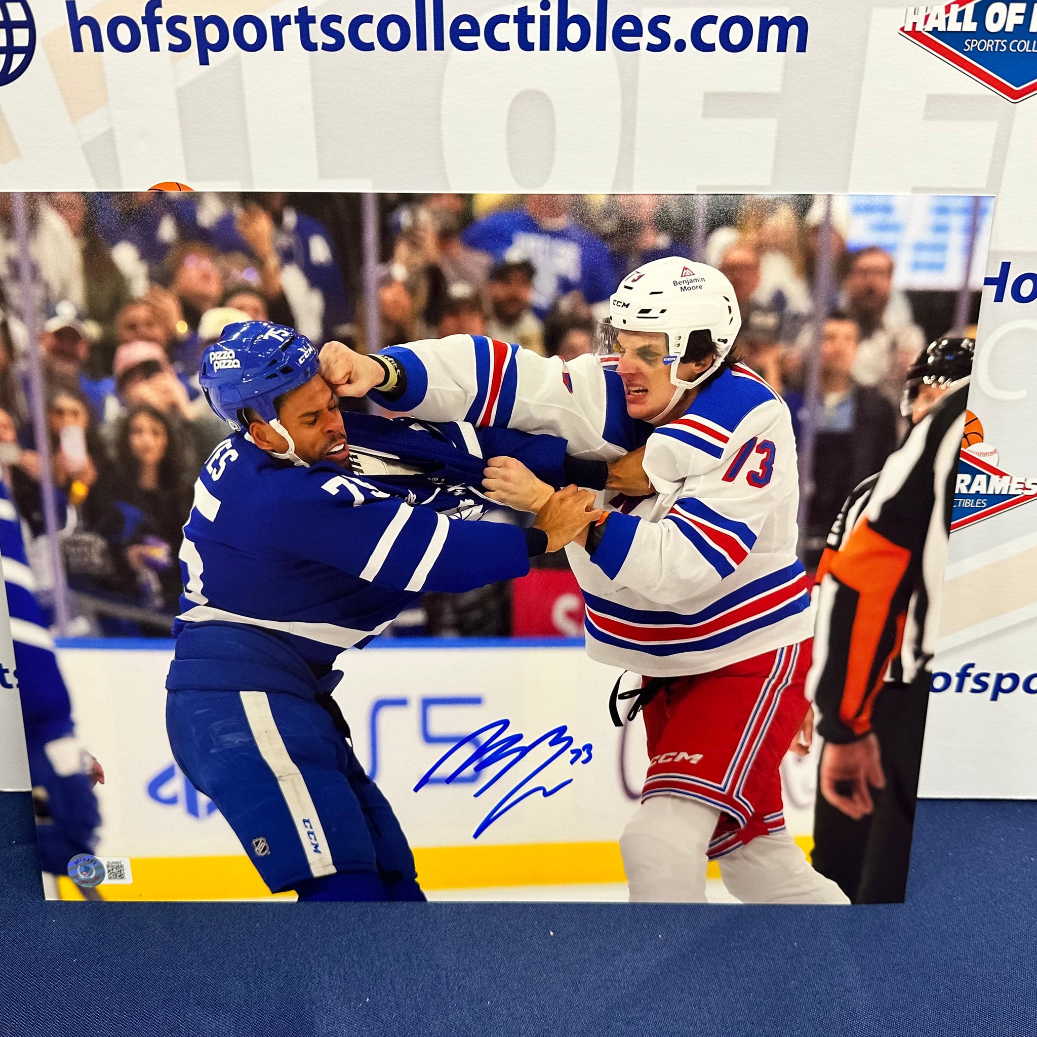 MATT REMPE SIGNED NY RANGERS 11X14 VS RYAN REAVES FIGHT PHOTO - BAS COA