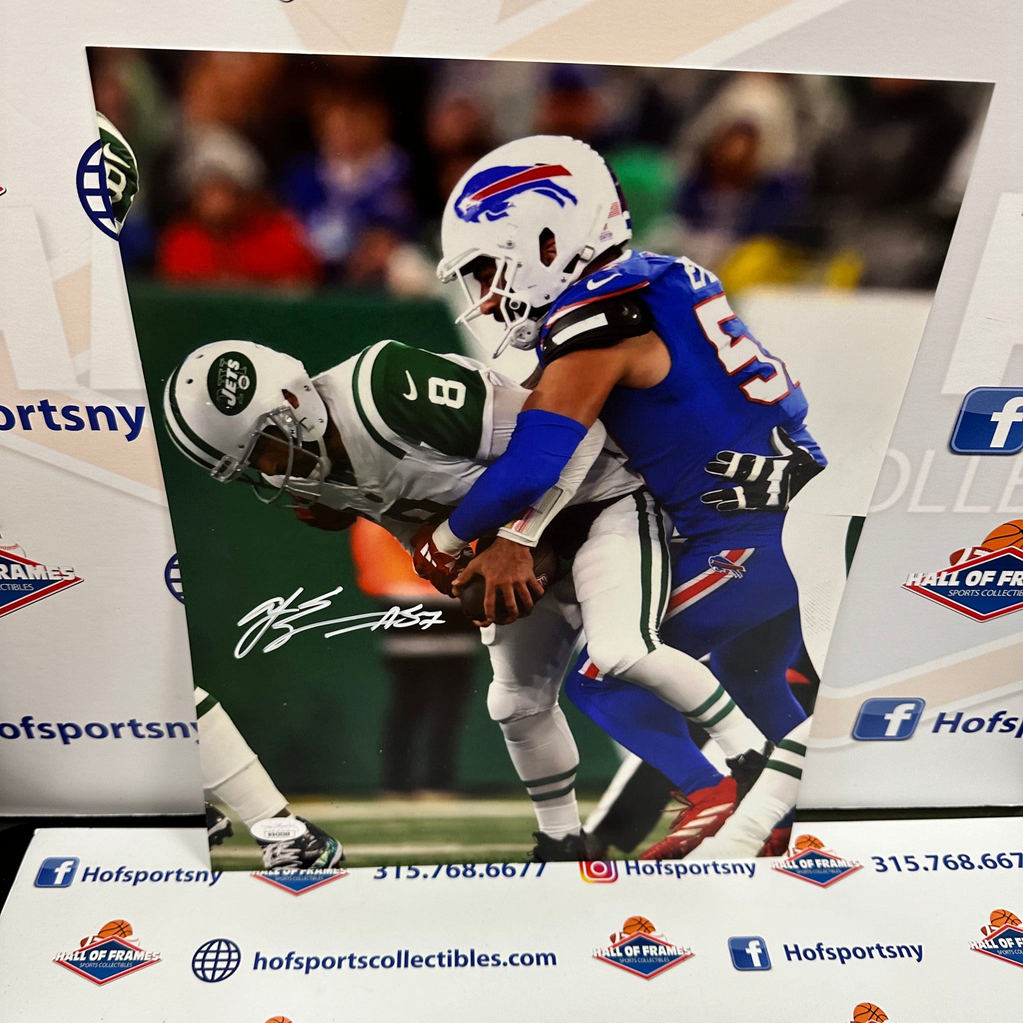 AJ EPENESA SIGNED BILLS 11X14 RODGERS SACK PHOTO - JSA COA