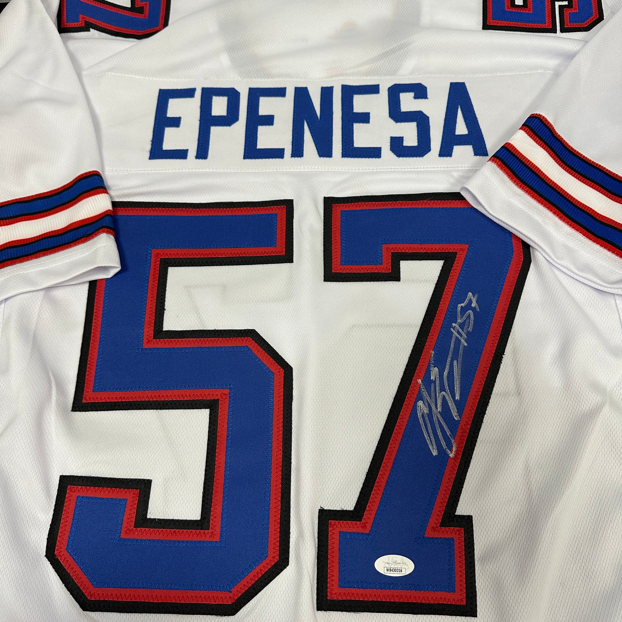 AJ EPENESA SIGNED BILLS WHITE CUSTOM JERSEY - JSA COA