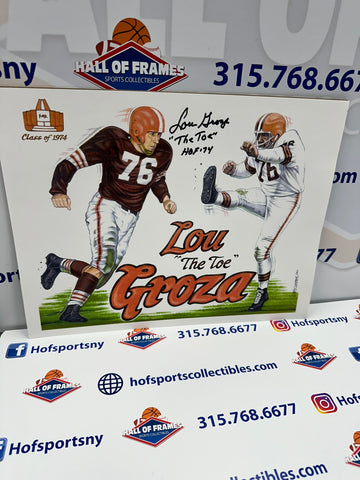 LOU "THE TOE" GROZA SIGNED CLEVLAND BROWNS 9X12 LITHO INSCRIBED