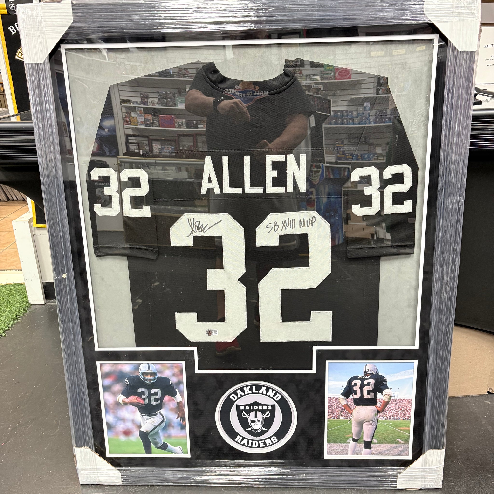 MARCUS ALLEN RAIDERS SIGNED FRAMED CUSTOM BLACK JERSEY INSC. SB XVIII MVP! BAS AUTHENTIC!
