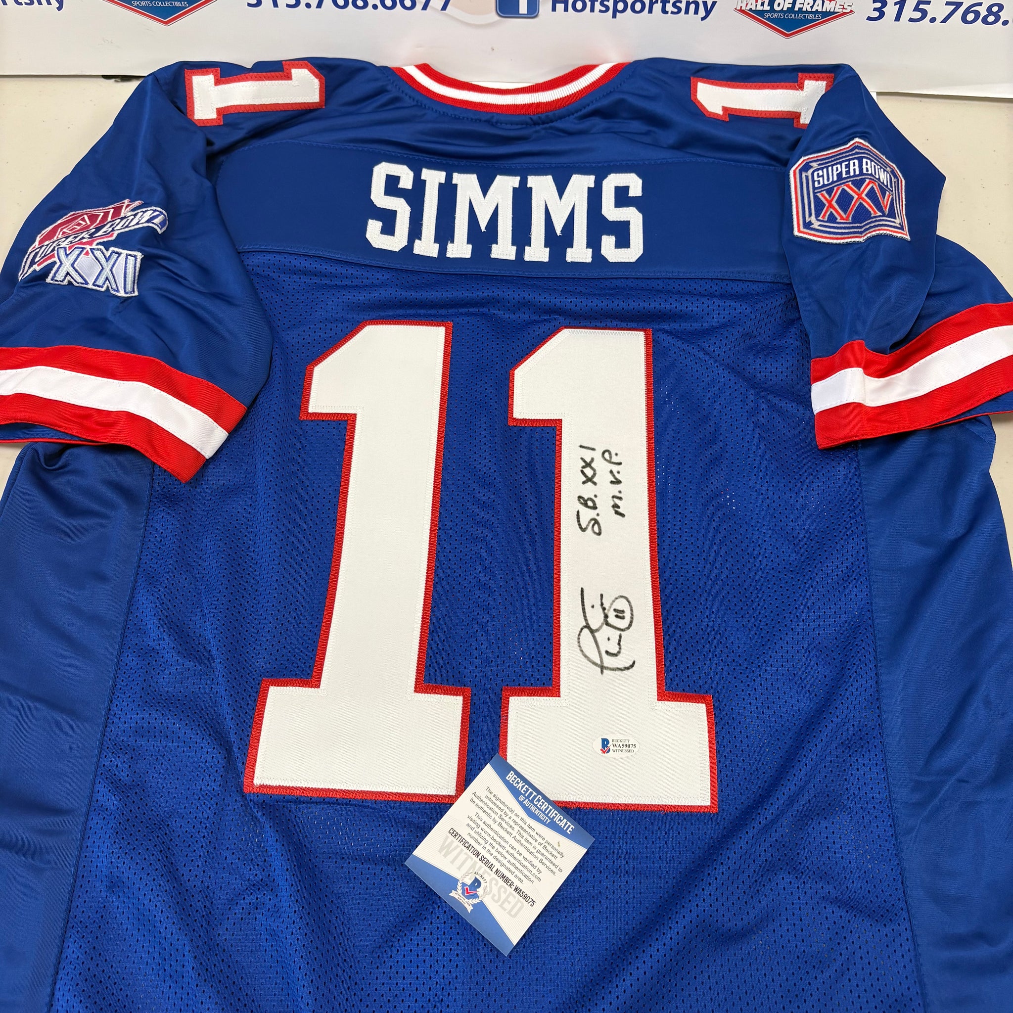 PHIL SIMMS SIGNED GIANTS CUSTOM BLUE JERSEY W/ SUPER BOWL PATCHES INSC SB XXI MVP - BECKETT COA