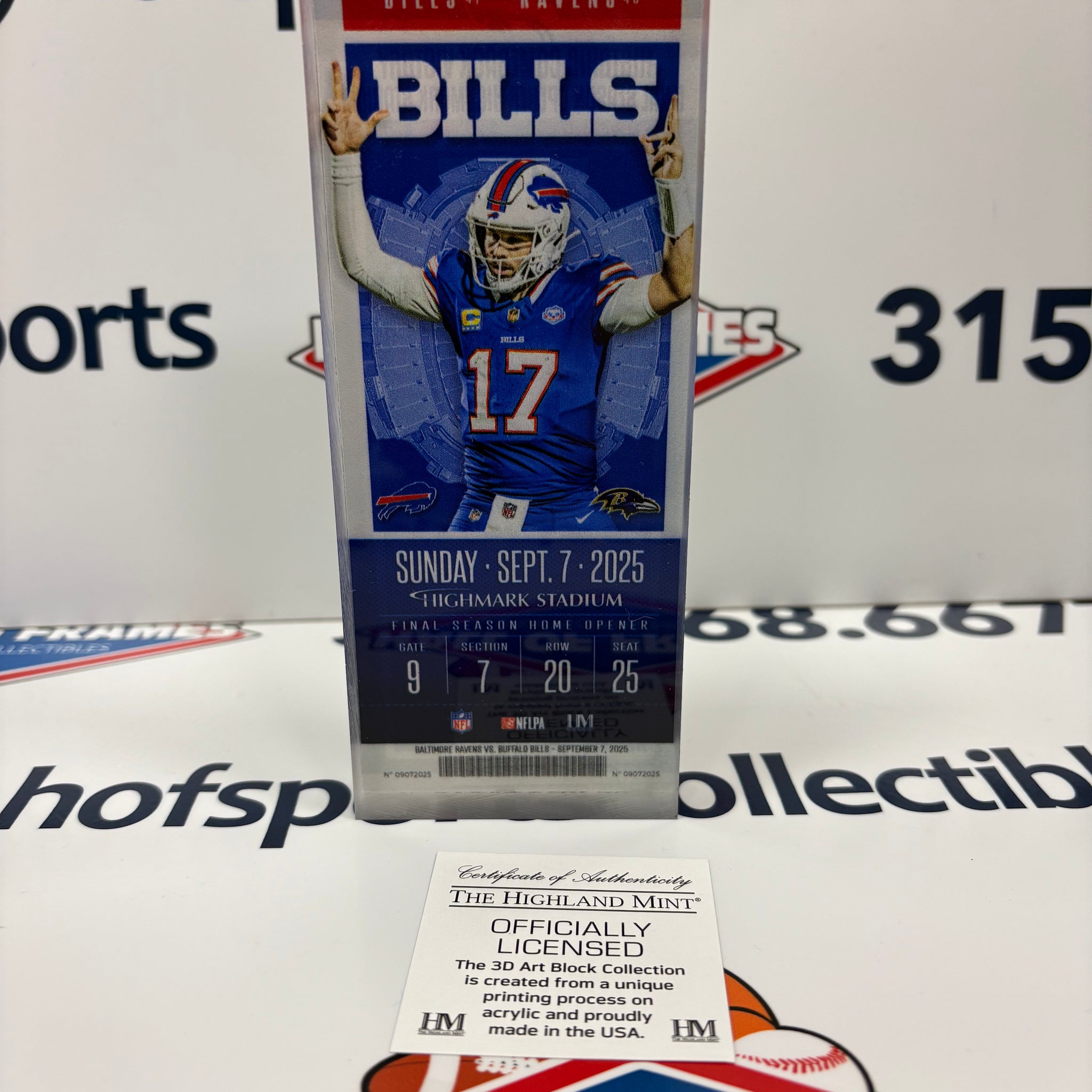 Buffalo Bills 2025 Week 1 Commemorative Acrylic Ticket Block