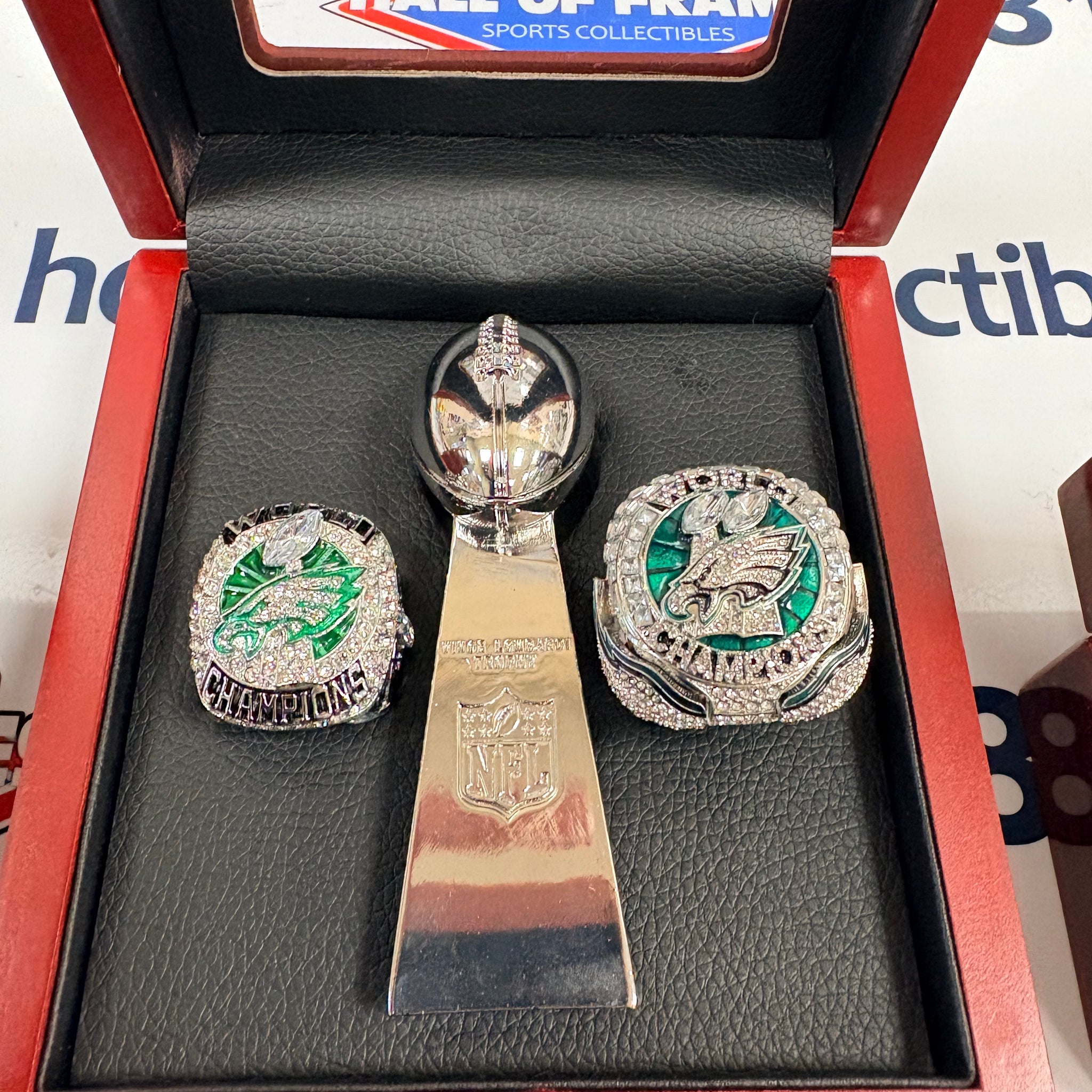 PHILADELPHIA EAGLES 2 TIME CHAMPIONSHIP RING SET WITH TROPHY