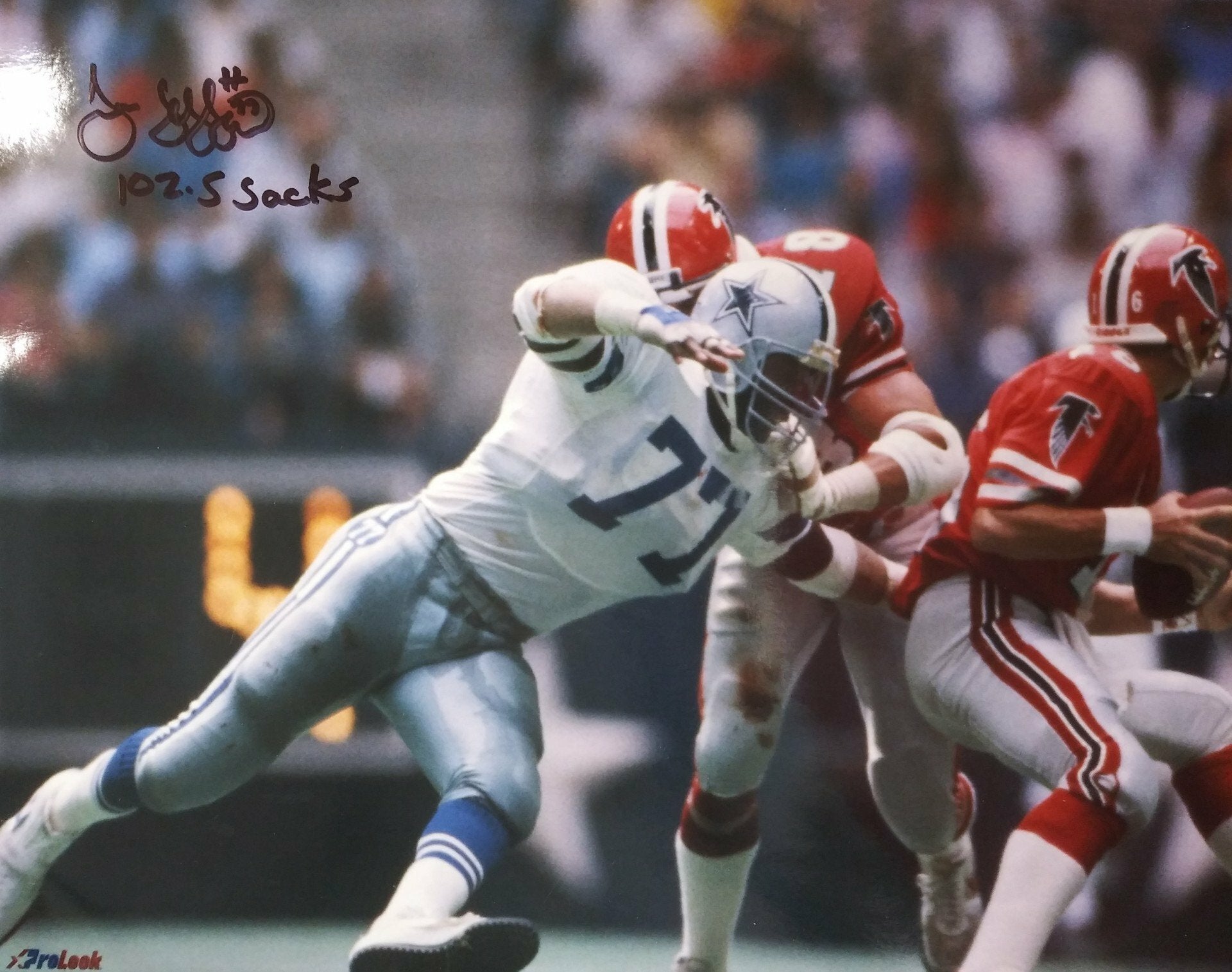 JIM JEFFCOAT SIGNED 11X14 PHOTO 102.5 SACKS INSC. DALLAS COWBOYS